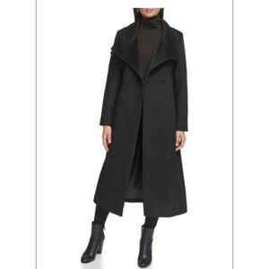 NWOT Saks Kenneth Cole New York Wool Blend Wrap Coat Belted Black‎ Size 14